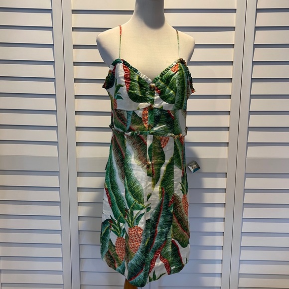 Farm Rio NWOT Forest Palm Linen Dress with adjustable Straps & Rushed back. - Picture 4 of 15